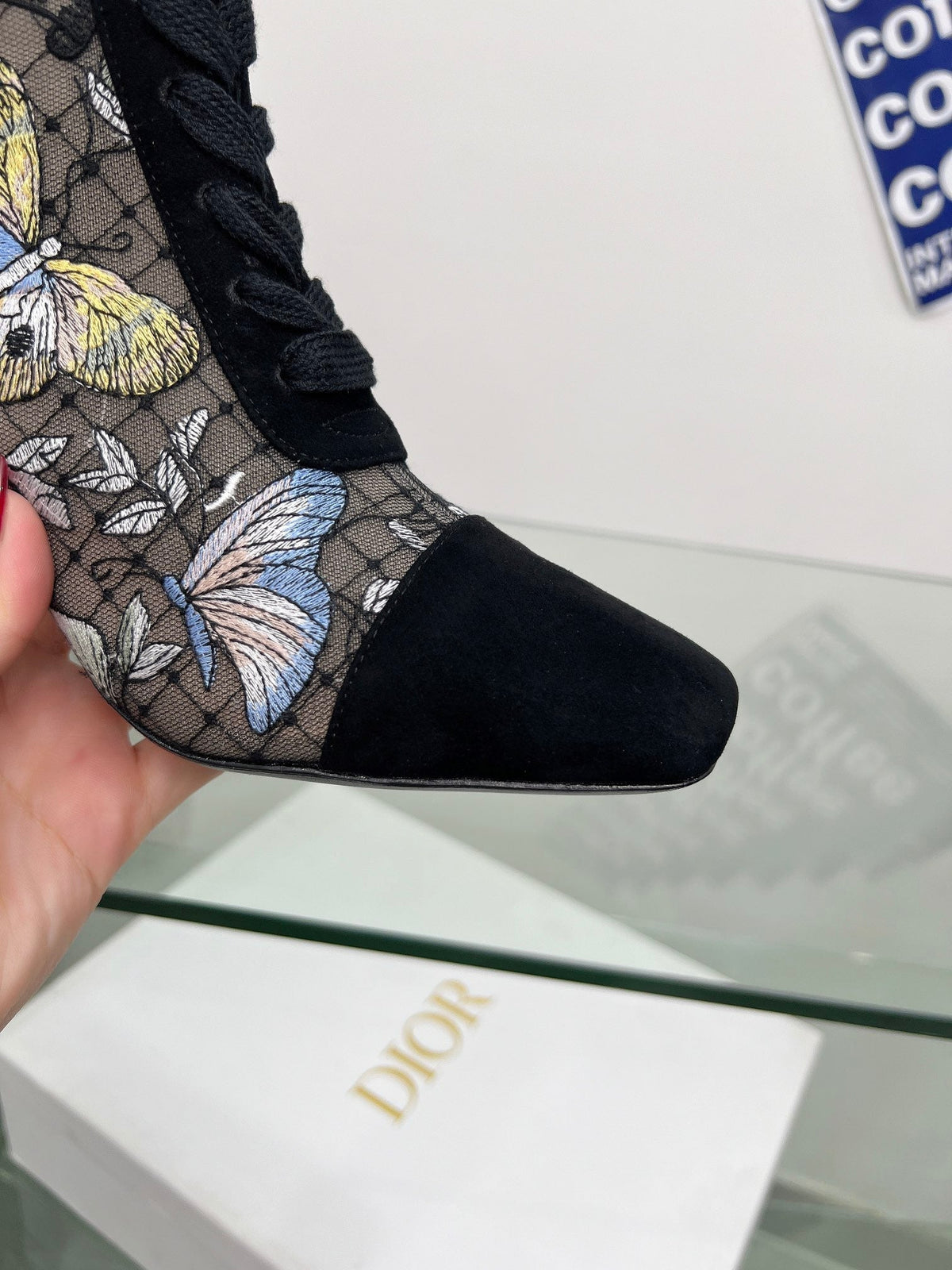 Dior 25S Naughtily-D Ankle Boots 80 mm in Black Mesh Tulle and Suede Style 2
