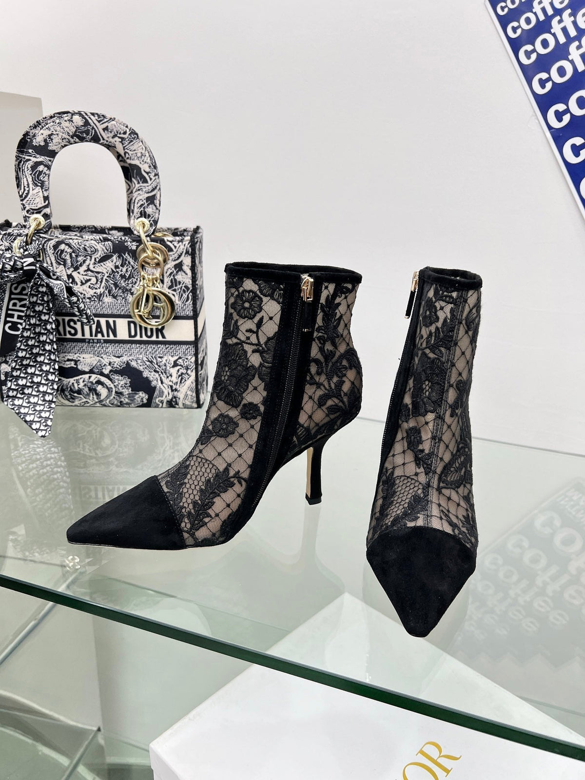 Dior 25S Pointed-Toe Ankle Boots 95 mm in Black Mesh Tulle and Suede Style 1