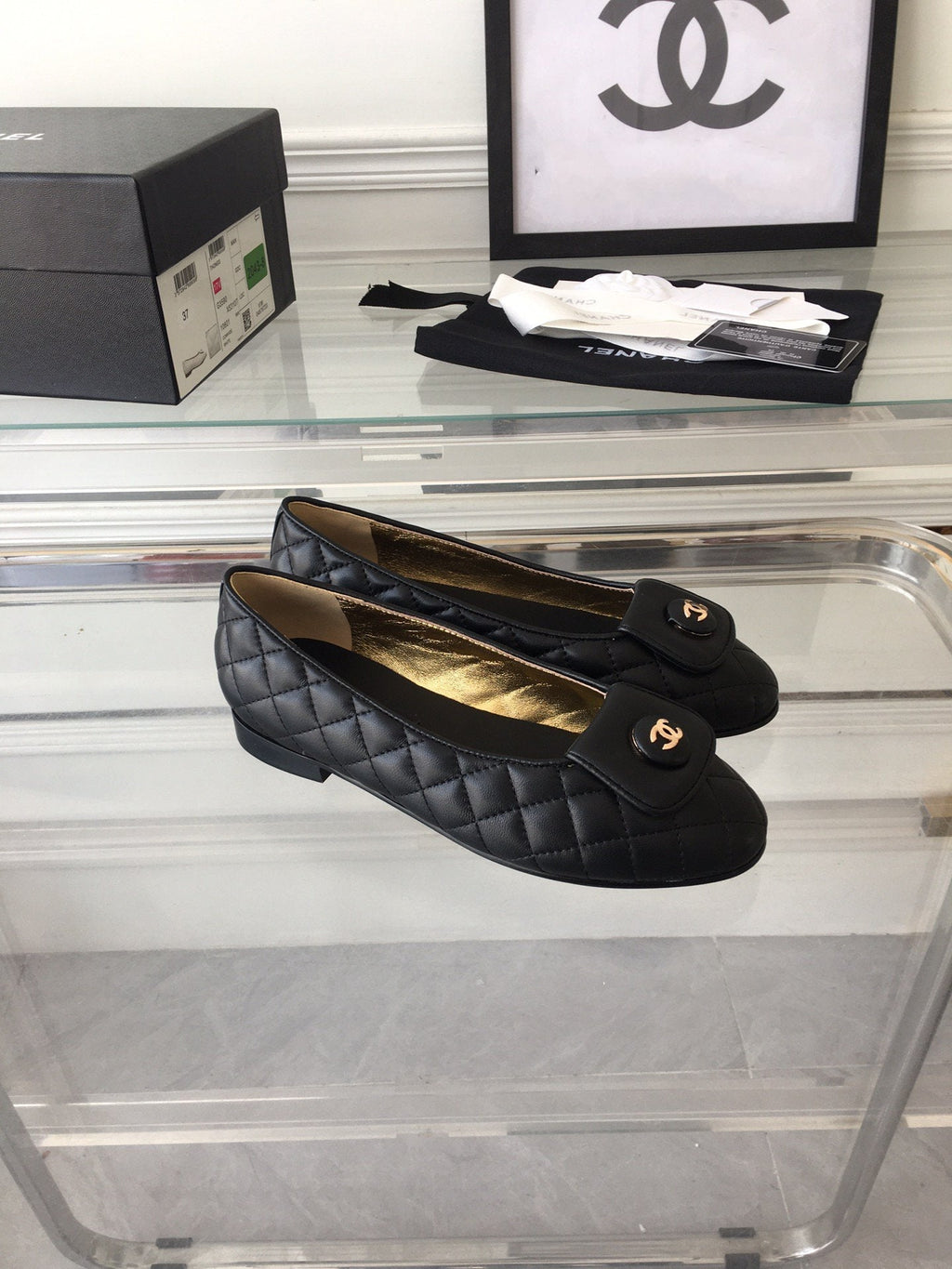 Chanel Ballet Flat Black Quilted Gold Lock