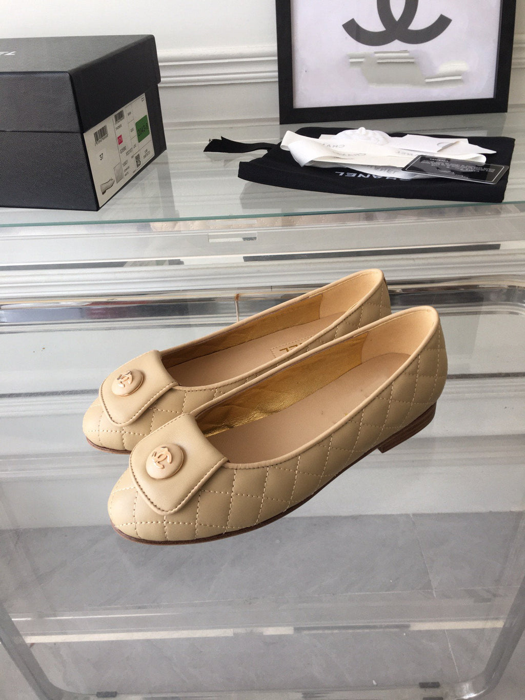 Chanel Ballet Flat Quilted Beige Gold Lock