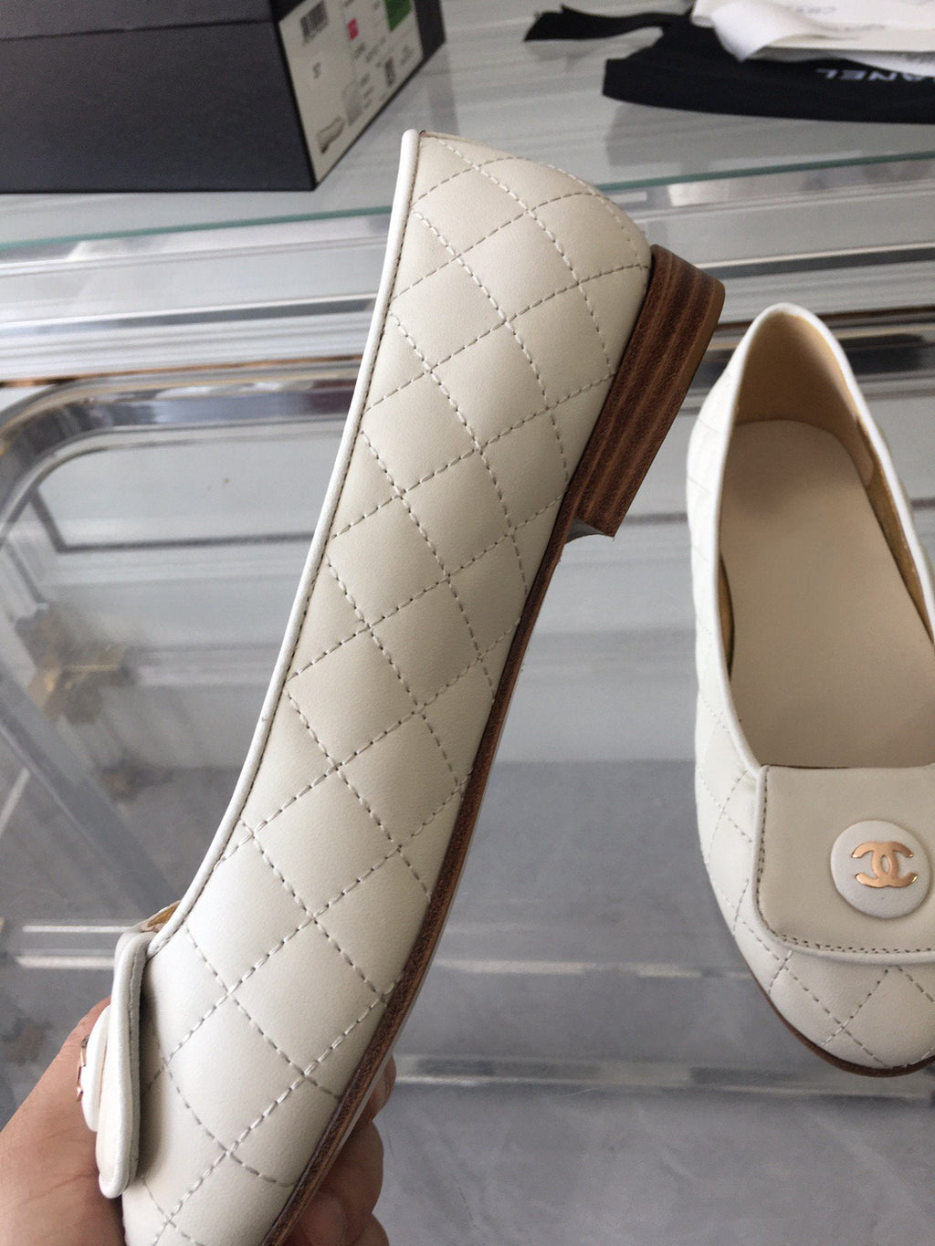 Chanel Ballet Flat Quilted White Gold Lock
