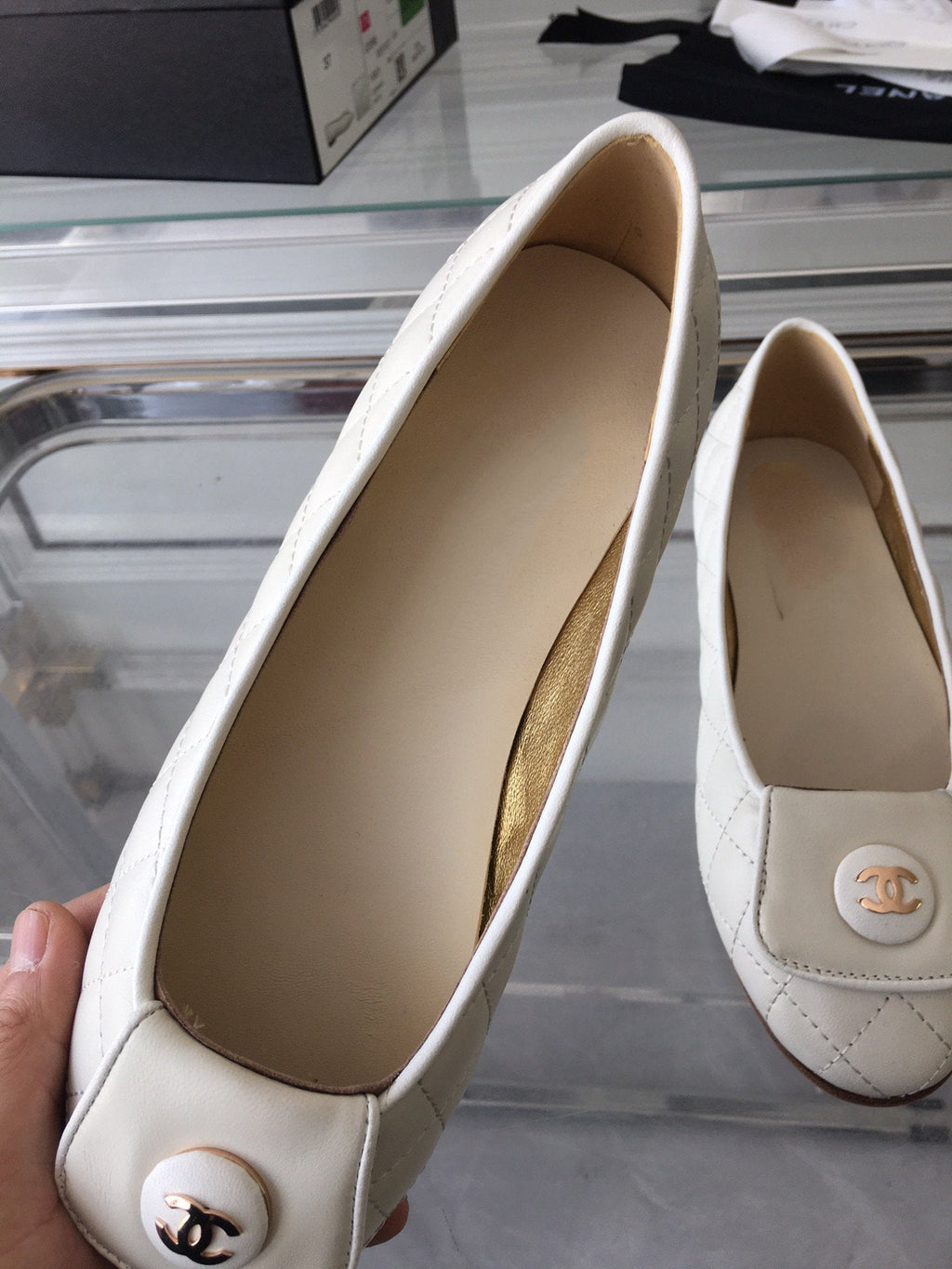 Chanel Ballet Flat Quilted White Gold Lock