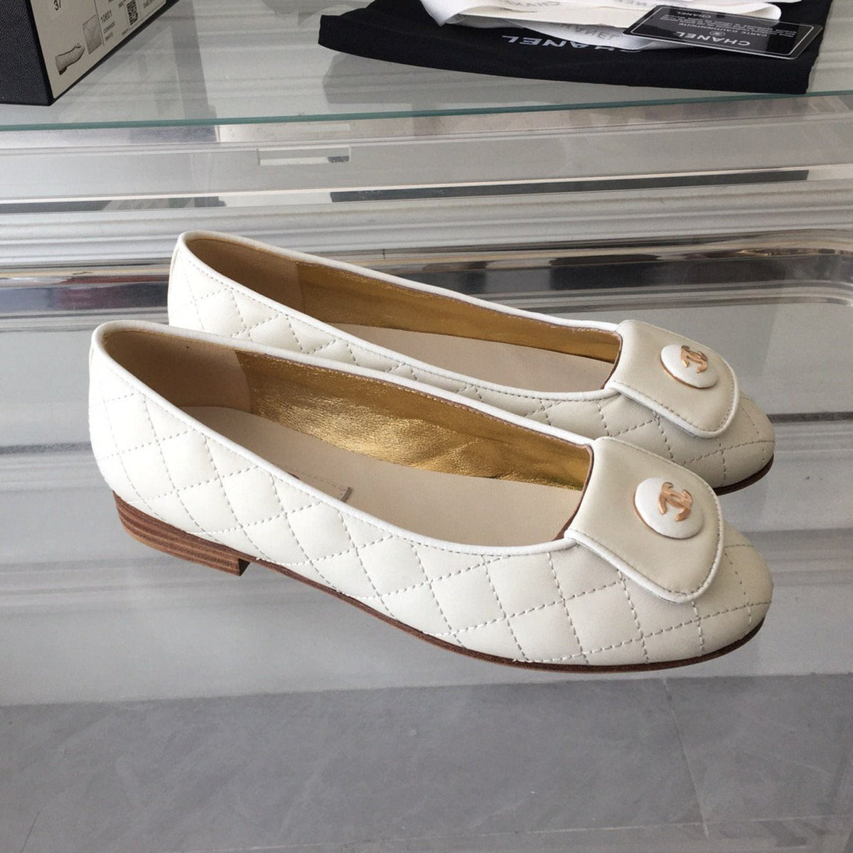 Chanel Ballet Flat Quilted White Gold Lock