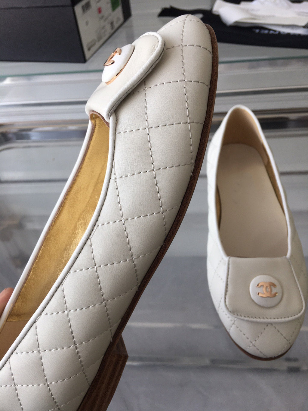 Chanel Ballet Flat Quilted White Gold Lock