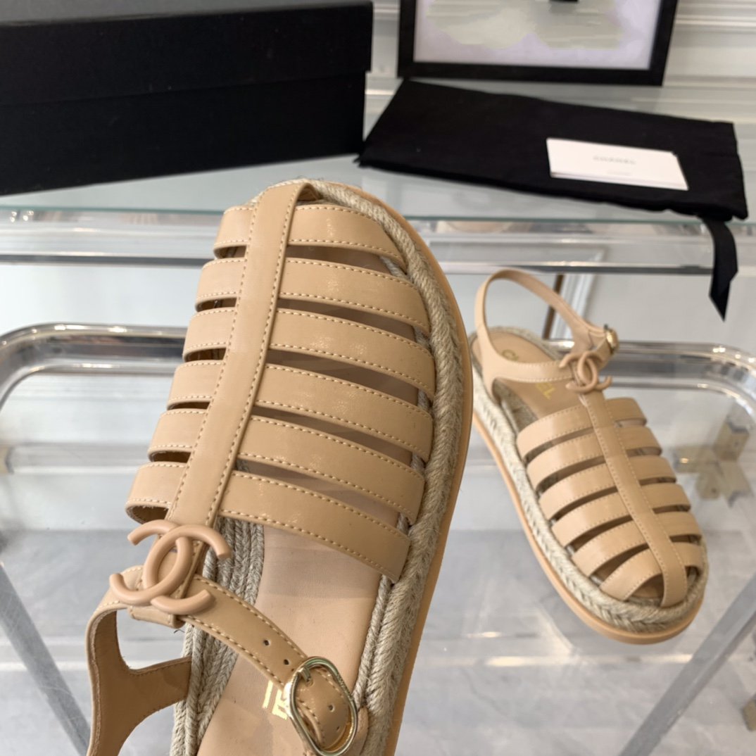 Chanel Roman Sandals Beige Lambskin