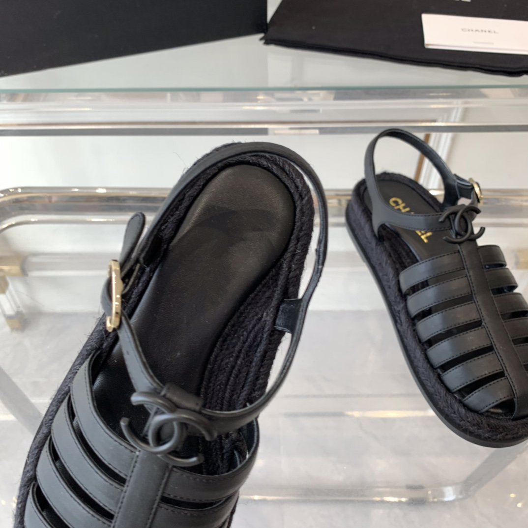 Chanel Roman Sandals All Black Lambskin