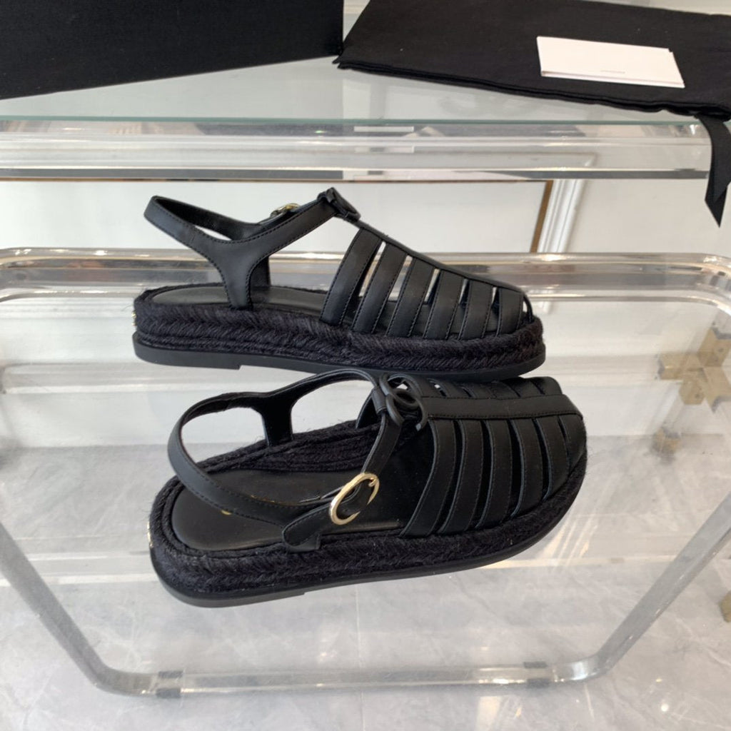 Chanel Roman Sandals All Black Lambskin