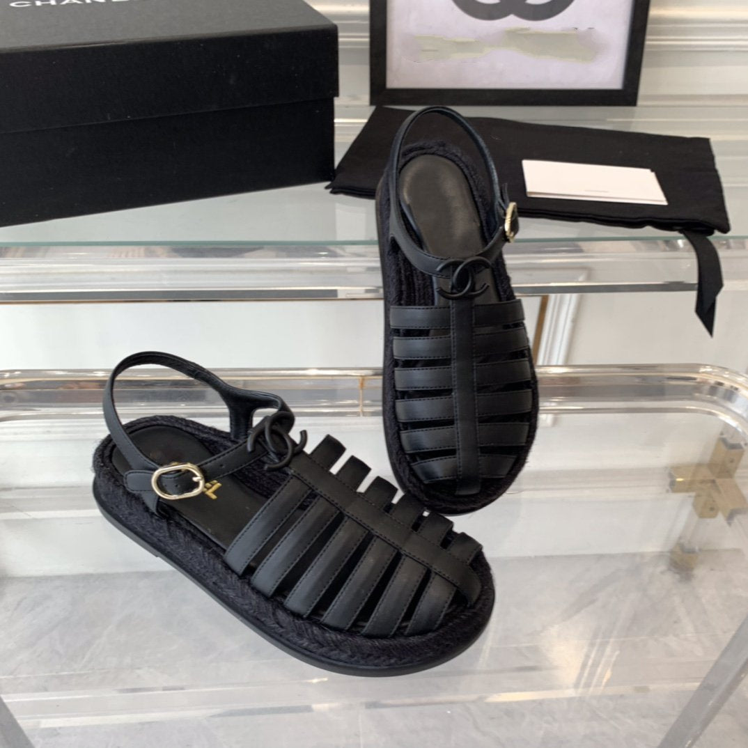 Chanel Roman Sandals All Black Lambskin