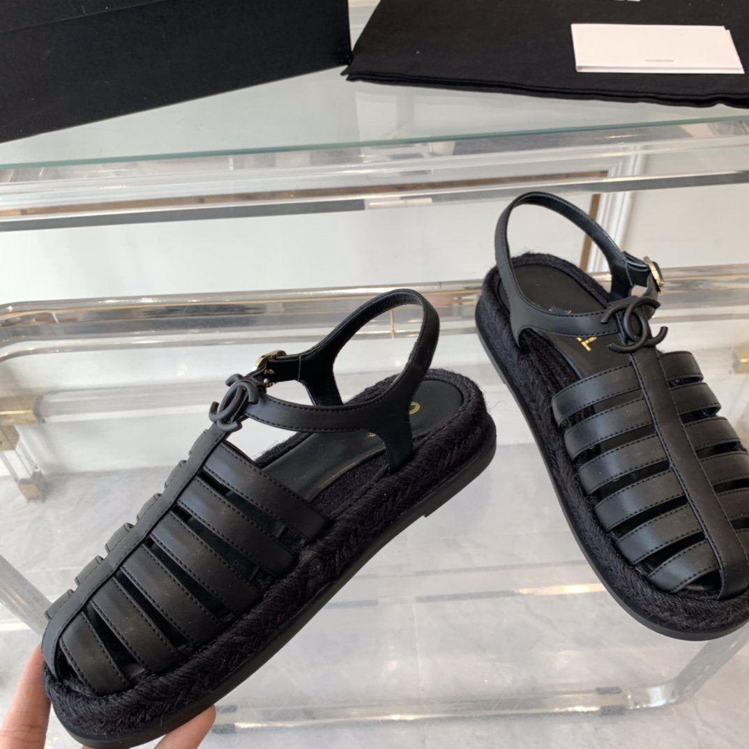 Chanel Roman Sandals All Black Lambskin