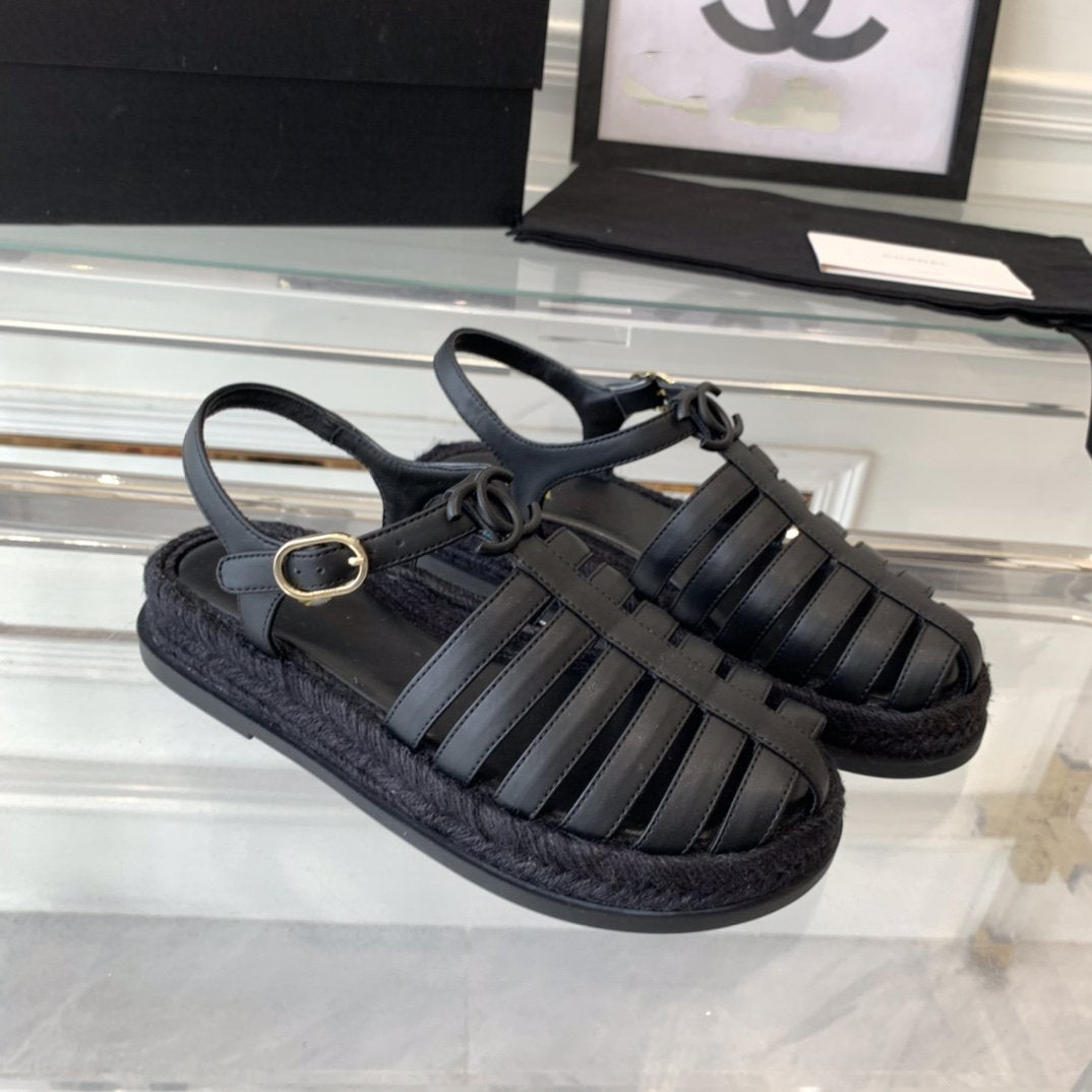 Chanel Roman Sandals All Black Lambskin