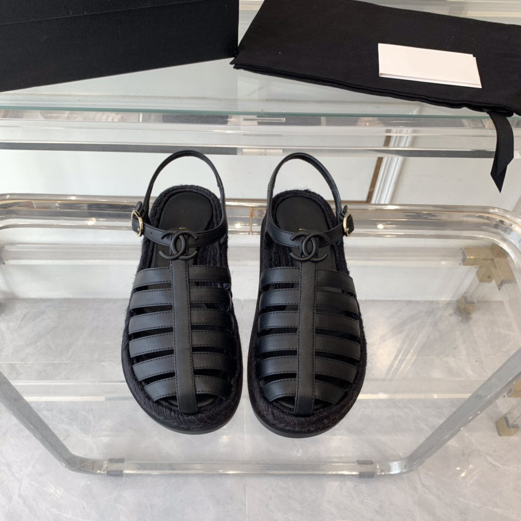 Chanel Roman Sandals All Black Lambskin