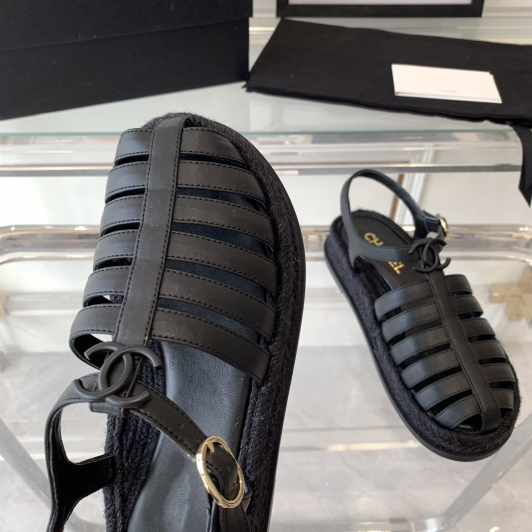 Chanel Roman Sandals All Black Lambskin