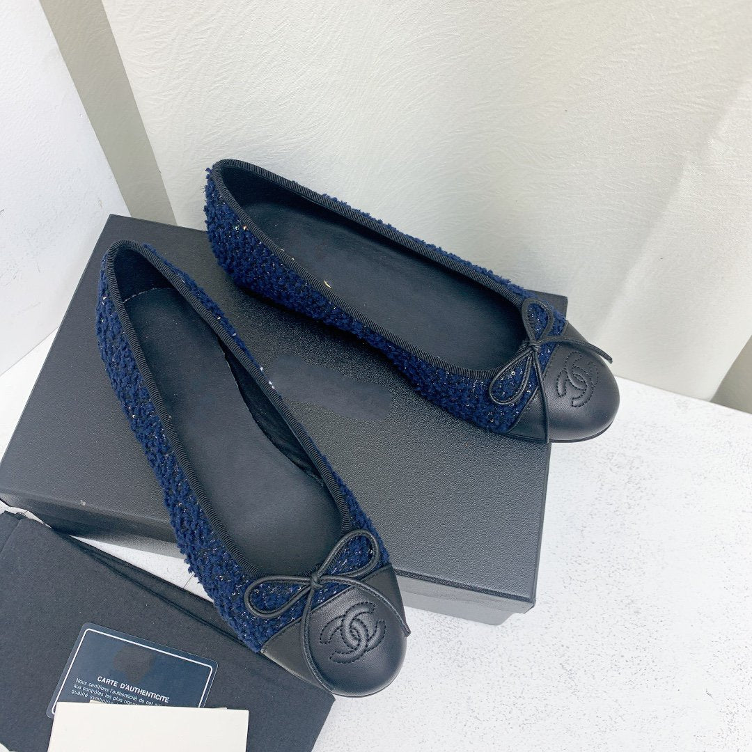 Chanel Ballet Flat Dark Blue Tweed Black Grosgrain