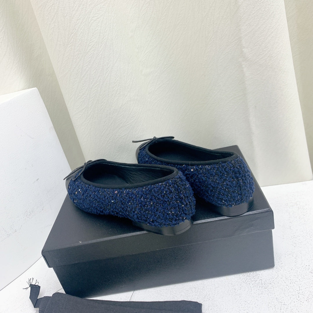 Chanel Ballet Flat Dark Blue Tweed Black Grosgrain