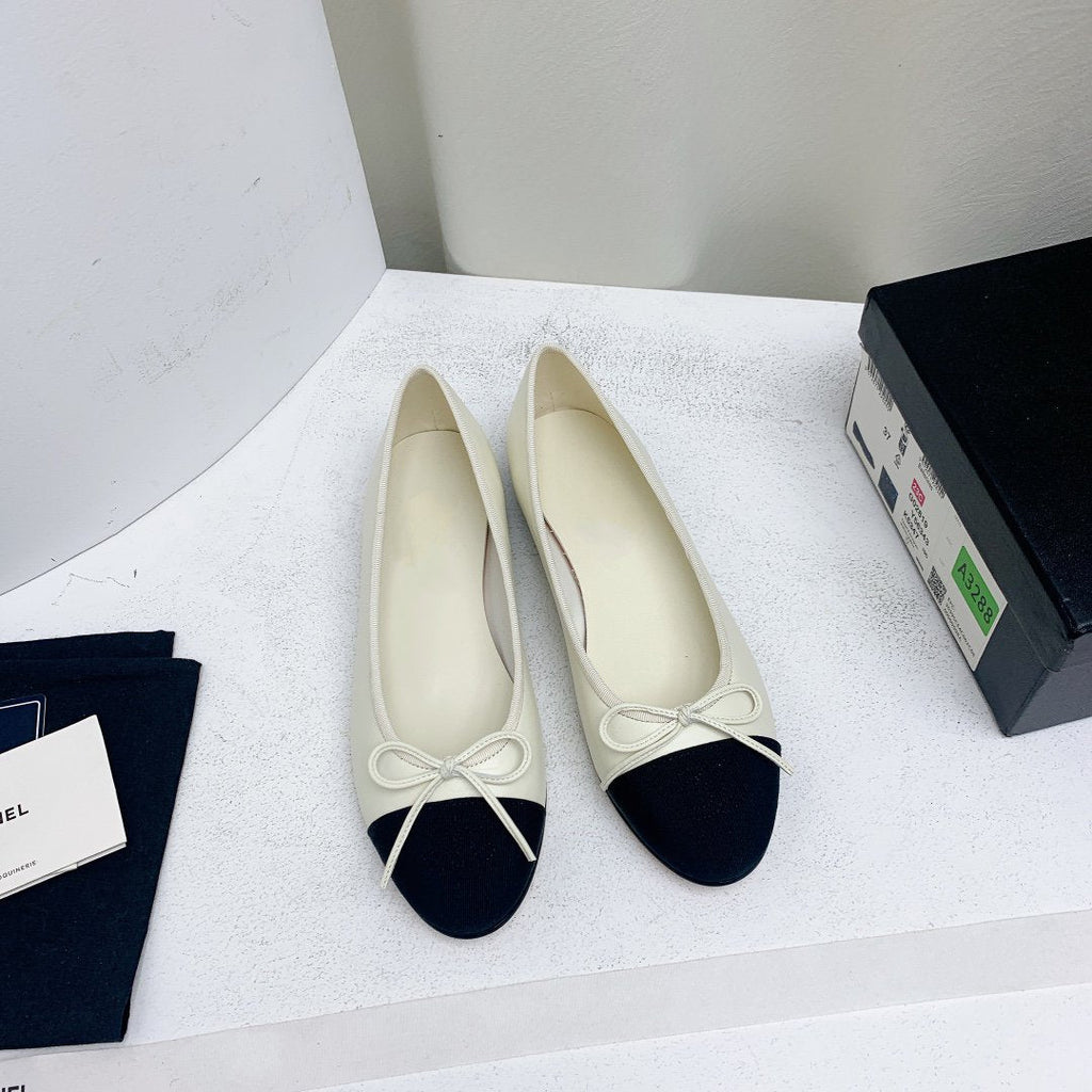 Chanel Ballet Flat White Black Lambskin Grosgrain
