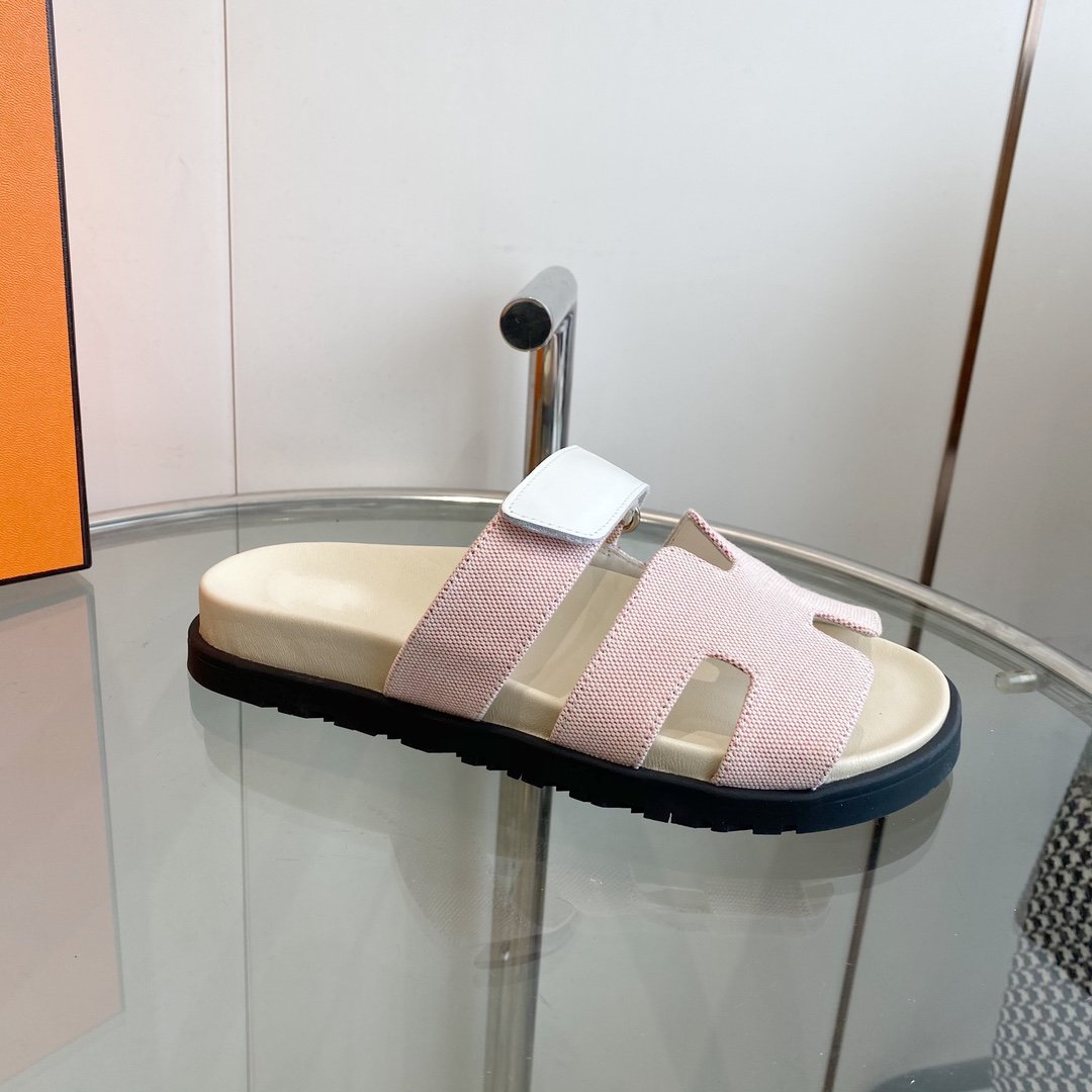 Hermes Chypre Canvas Sandal White Pink Leather