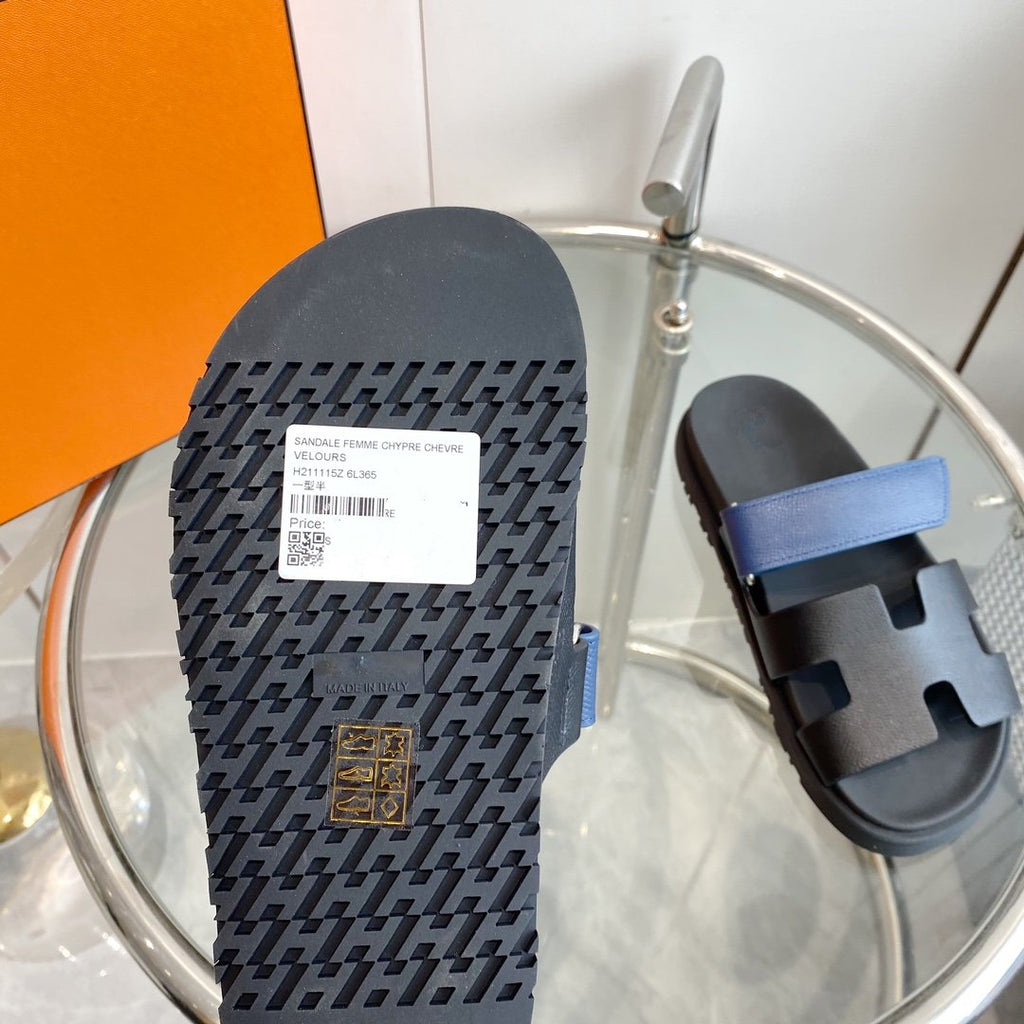 Hermes Chypre Sandal Black with Blue Straps Leather
