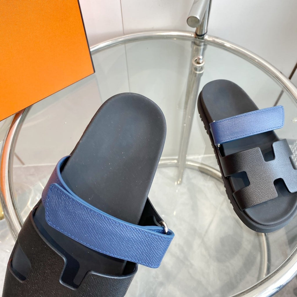 Hermes Chypre Sandal Black with Blue Straps Leather