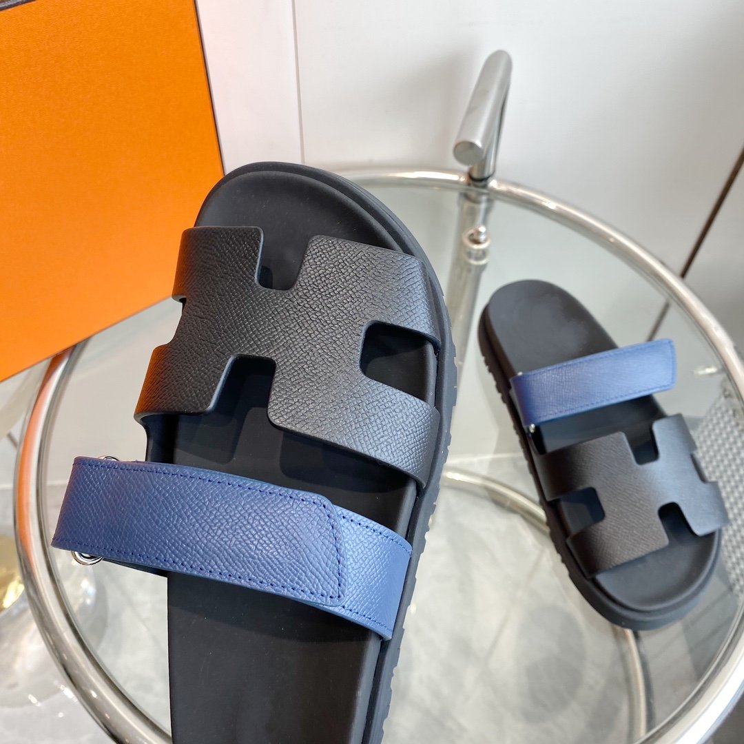 Hermes Chypre Sandal Black with Blue Straps Leather