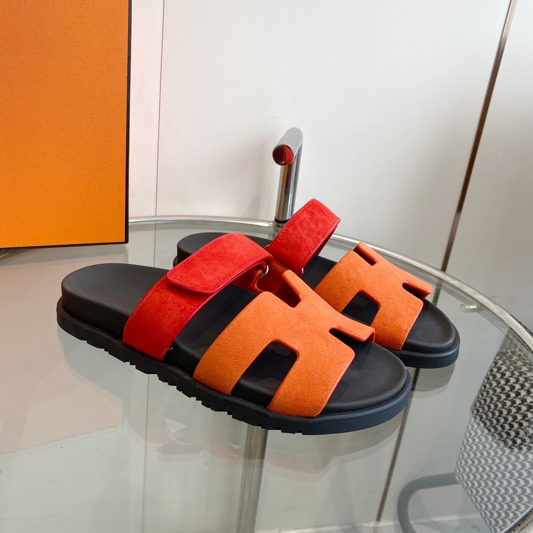 Hermes Chypre Sandal Orange Chapas / Red Suede