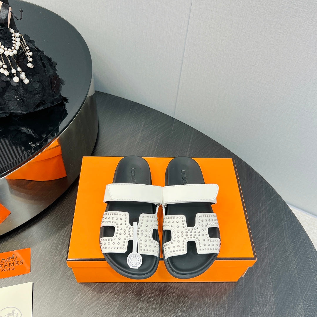 Hermes Chypre Sandal White Mix Black Calfskin Stylized