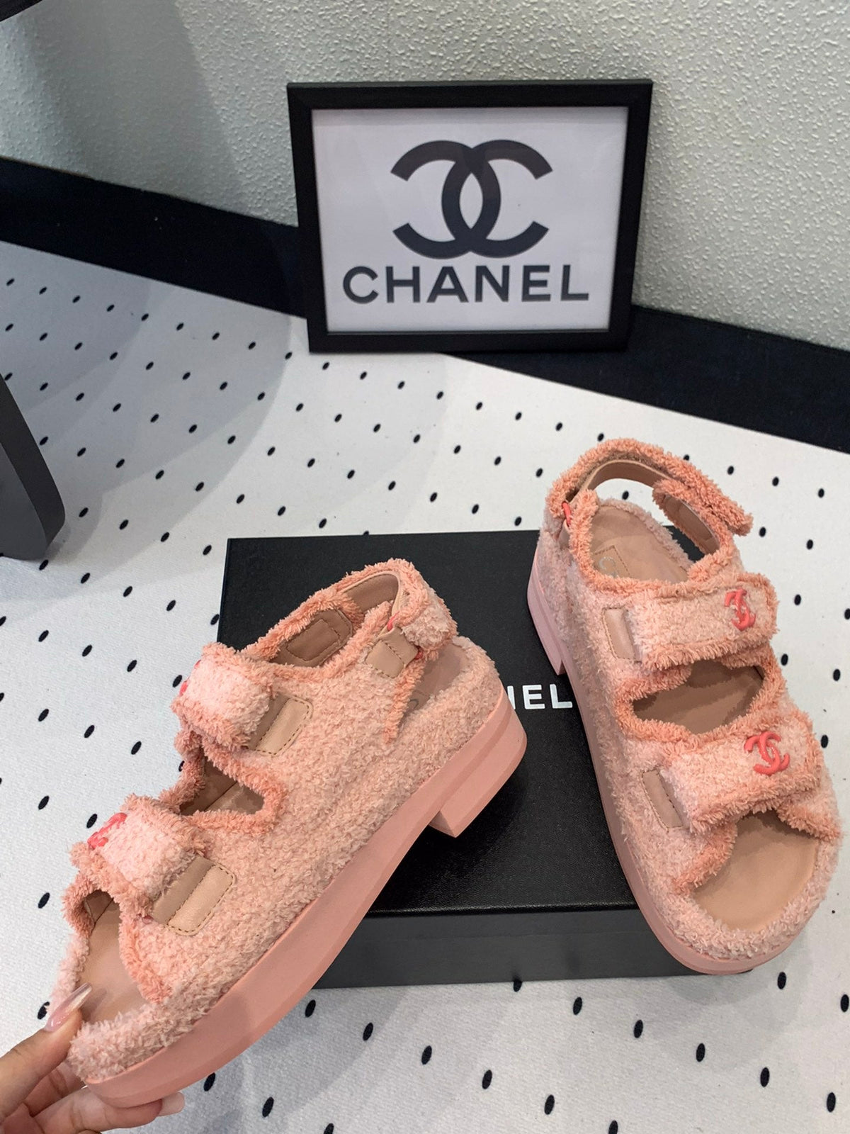 Chanel Dad Sandals Platform in Light Pink Fur
