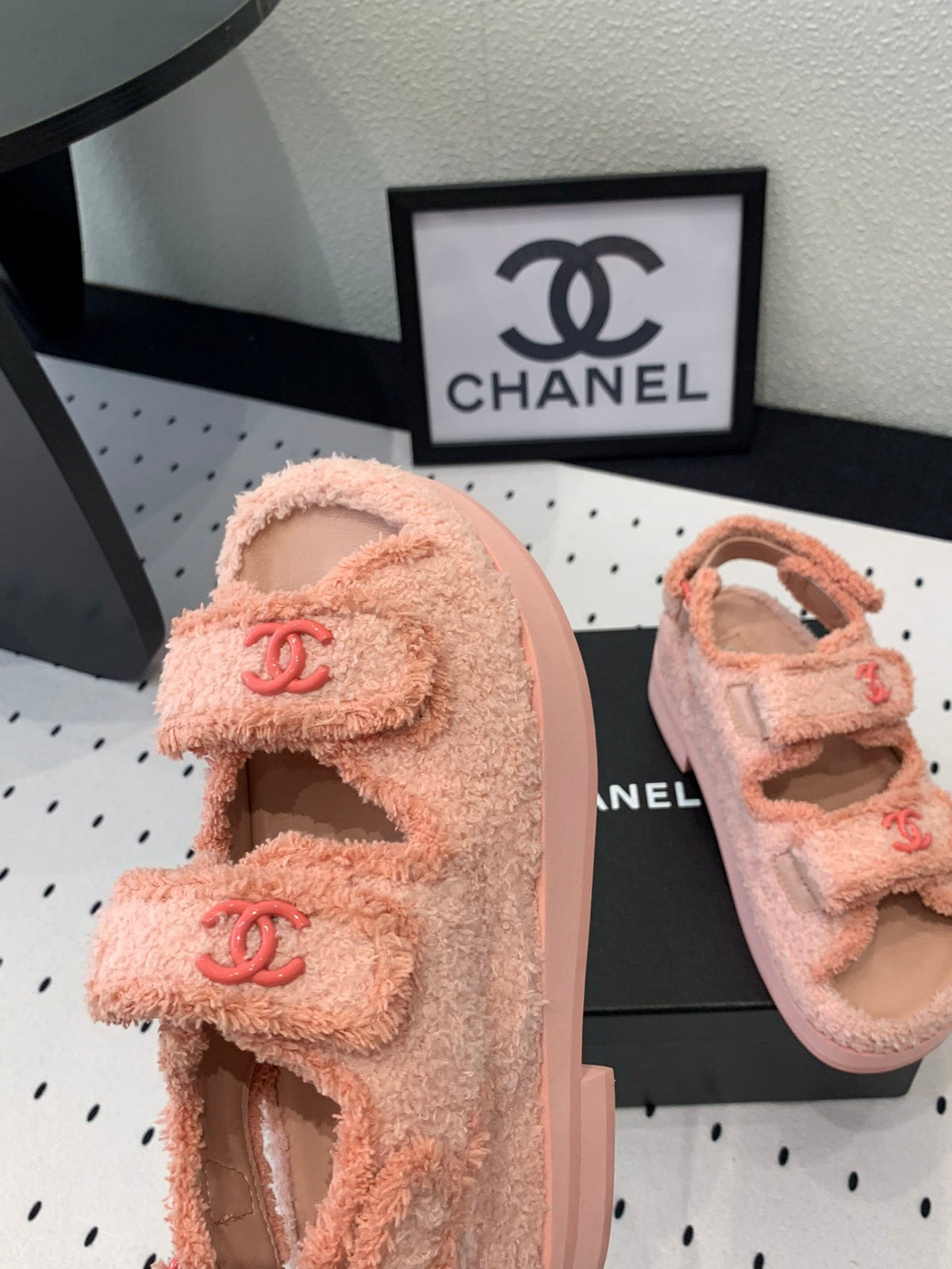 Chanel Dad Sandals Platform in Light Pink Fur