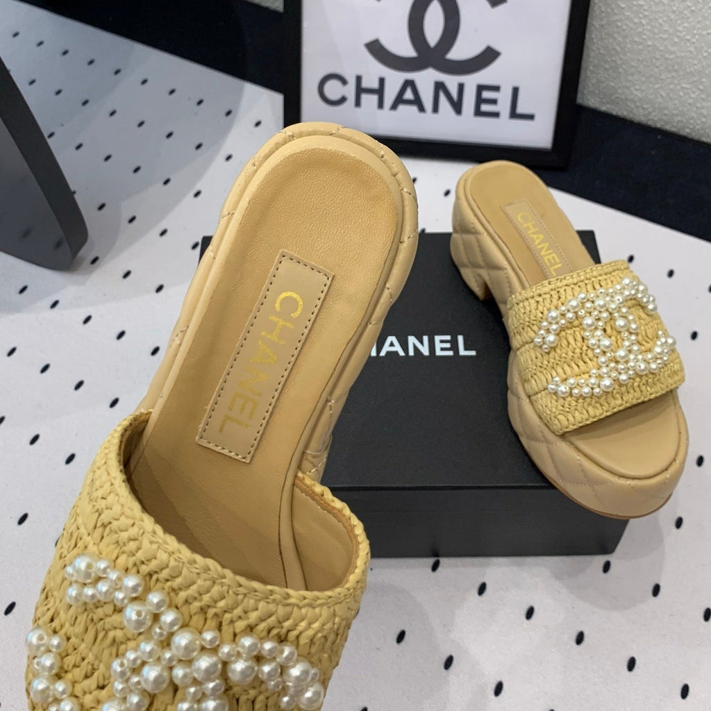 Chanel Double Pearl Platform Sandals Sheepskin Fawn Yellow