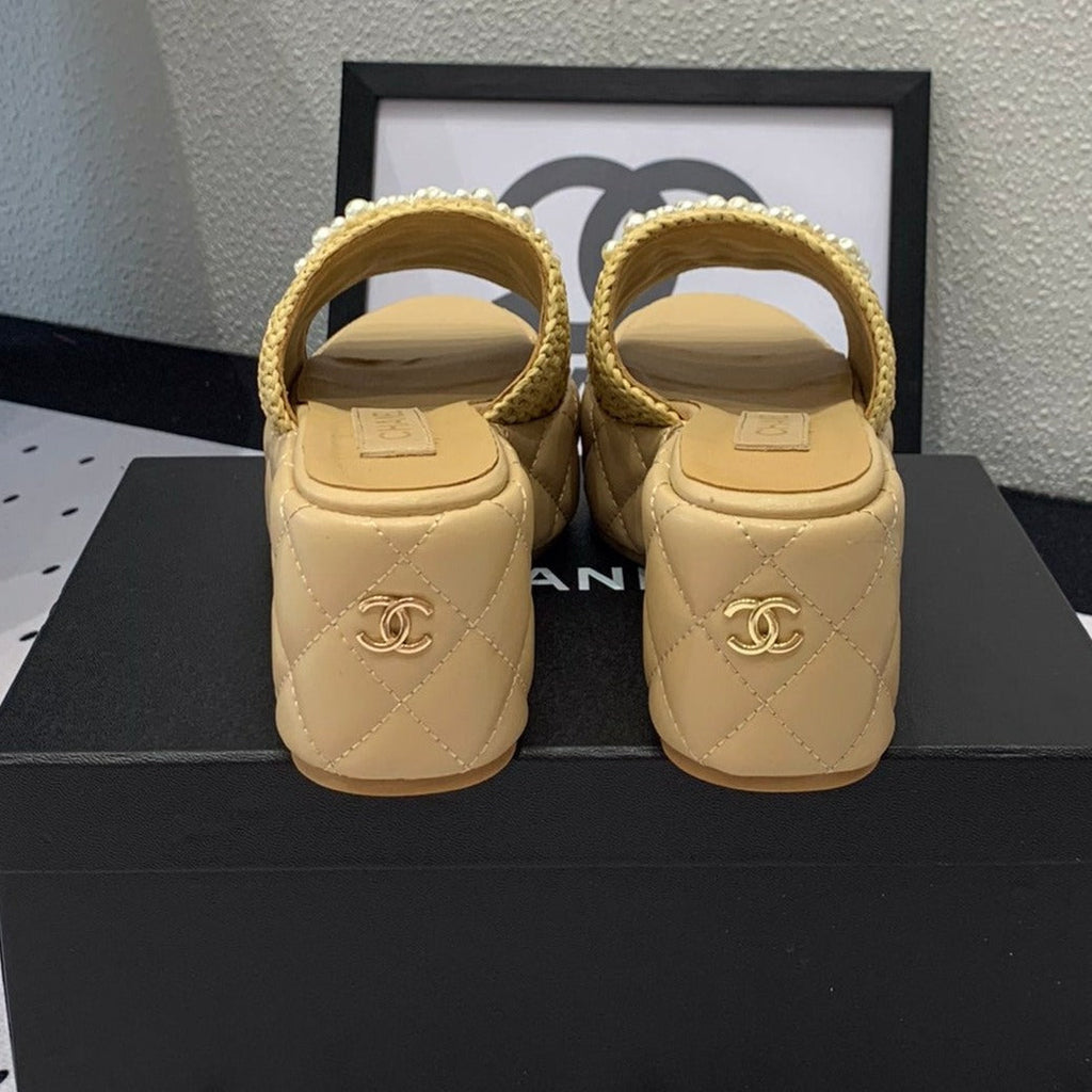 Chanel Double Pearl Platform Sandals Sheepskin Fawn Yellow