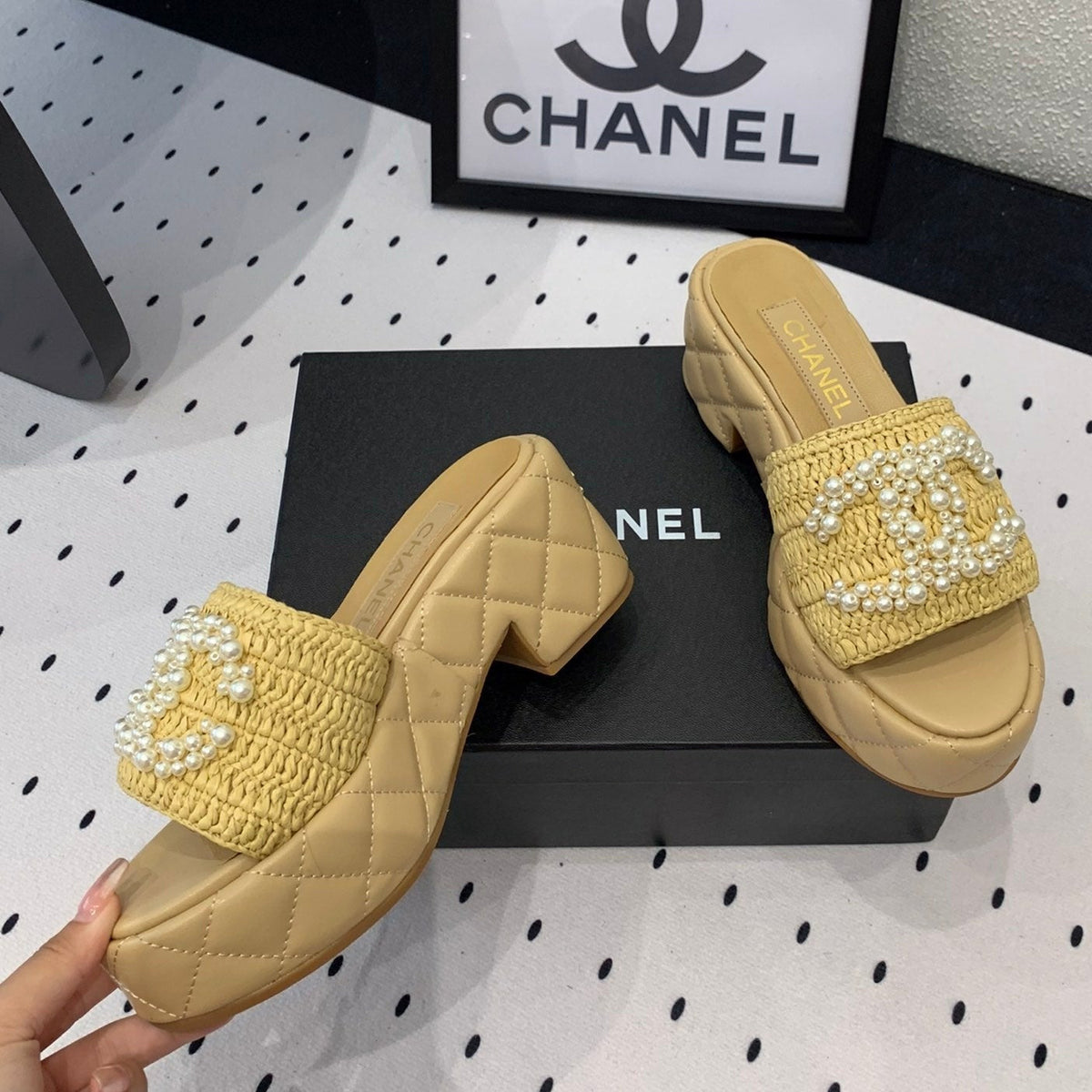 Chanel Double Pearl Platform Sandals Sheepskin Fawn Yellow