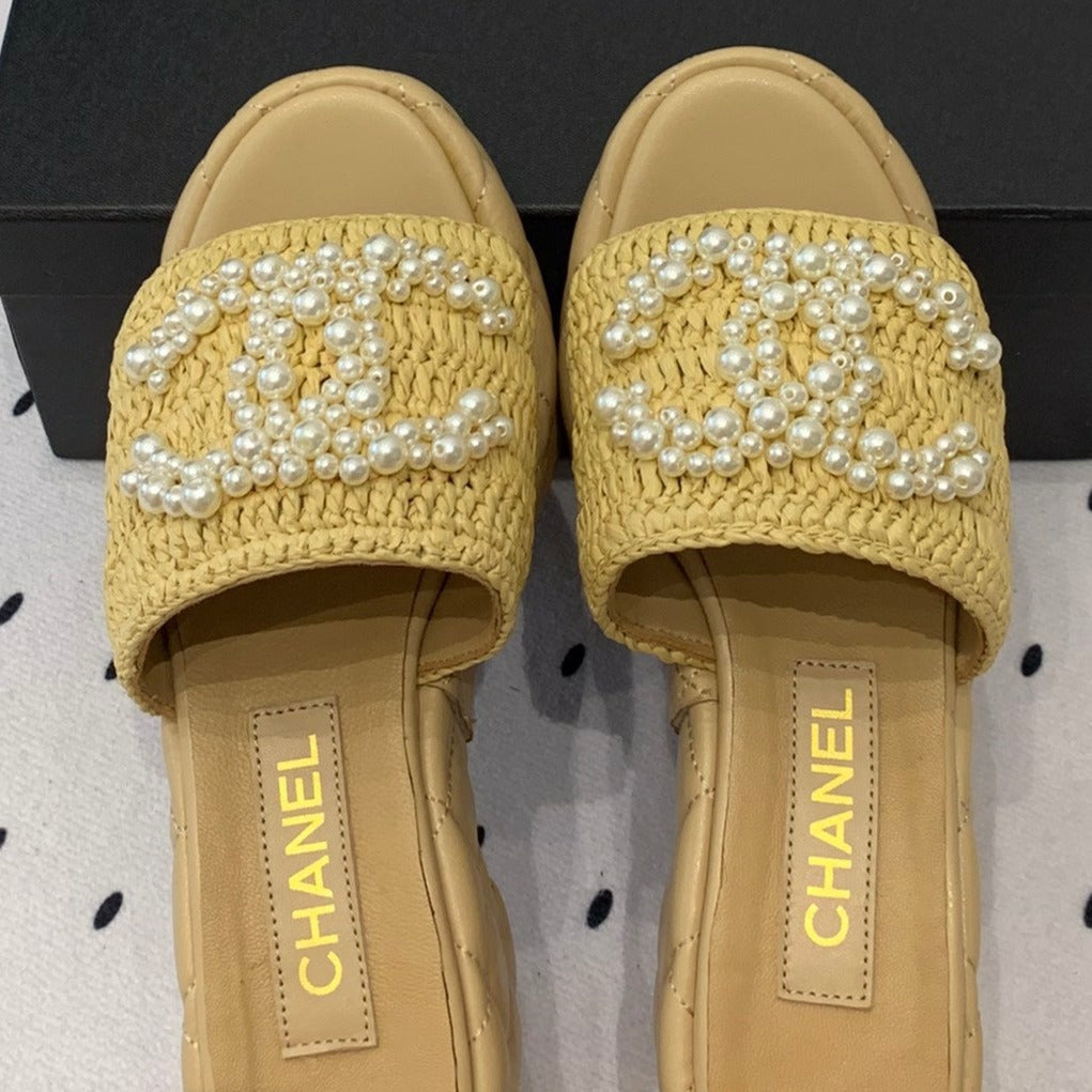 Chanel Double Pearl Platform Sandals Sheepskin Fawn Yellow