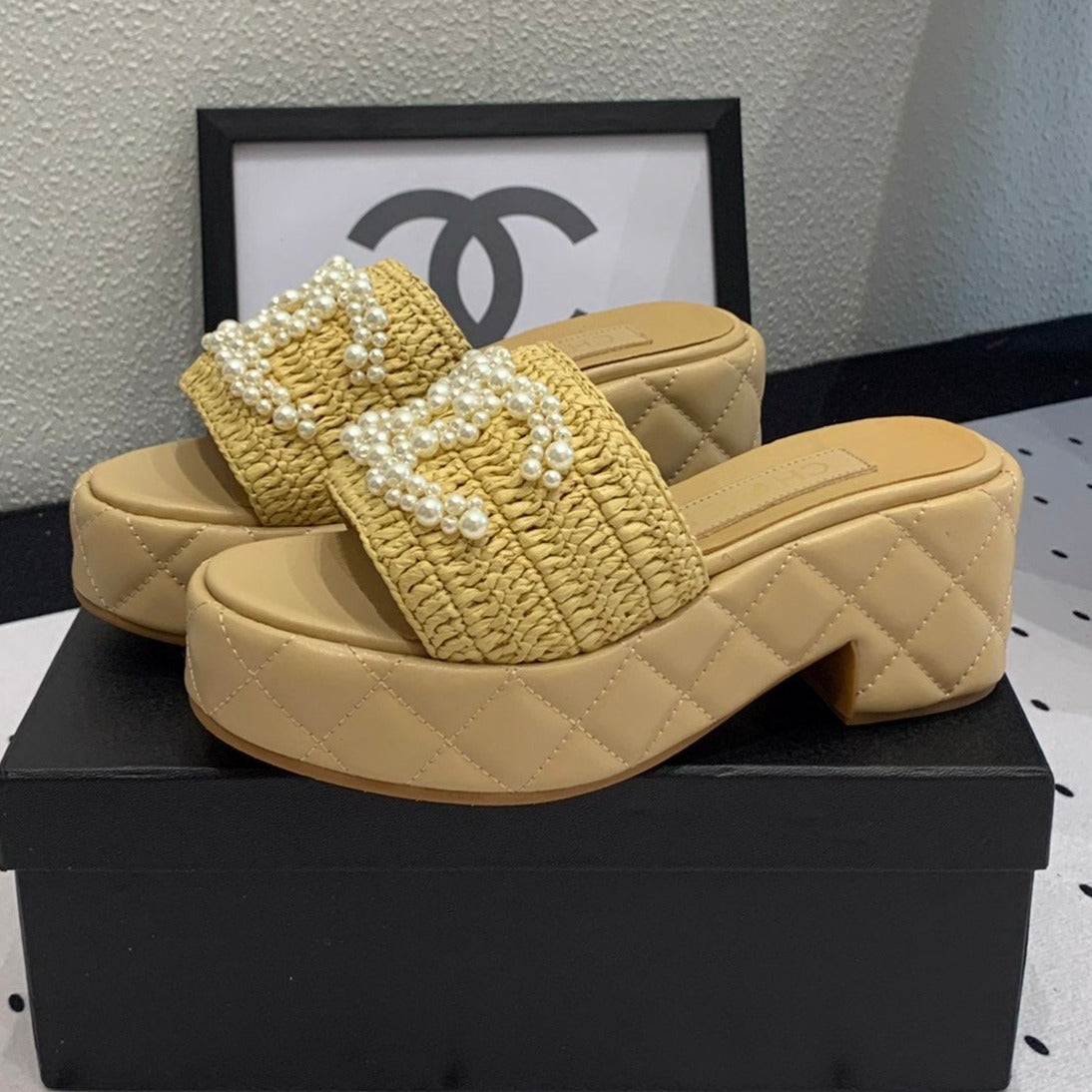 Chanel Double Pearl Platform Sandals Sheepskin Fawn Yellow