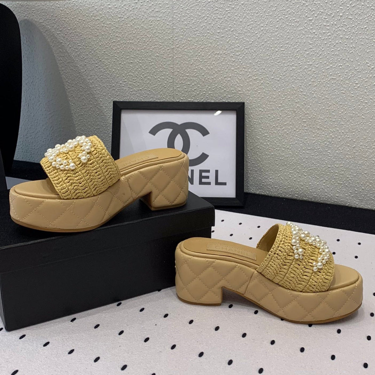 Chanel Double Pearl Platform Sandals Sheepskin Fawn Yellow