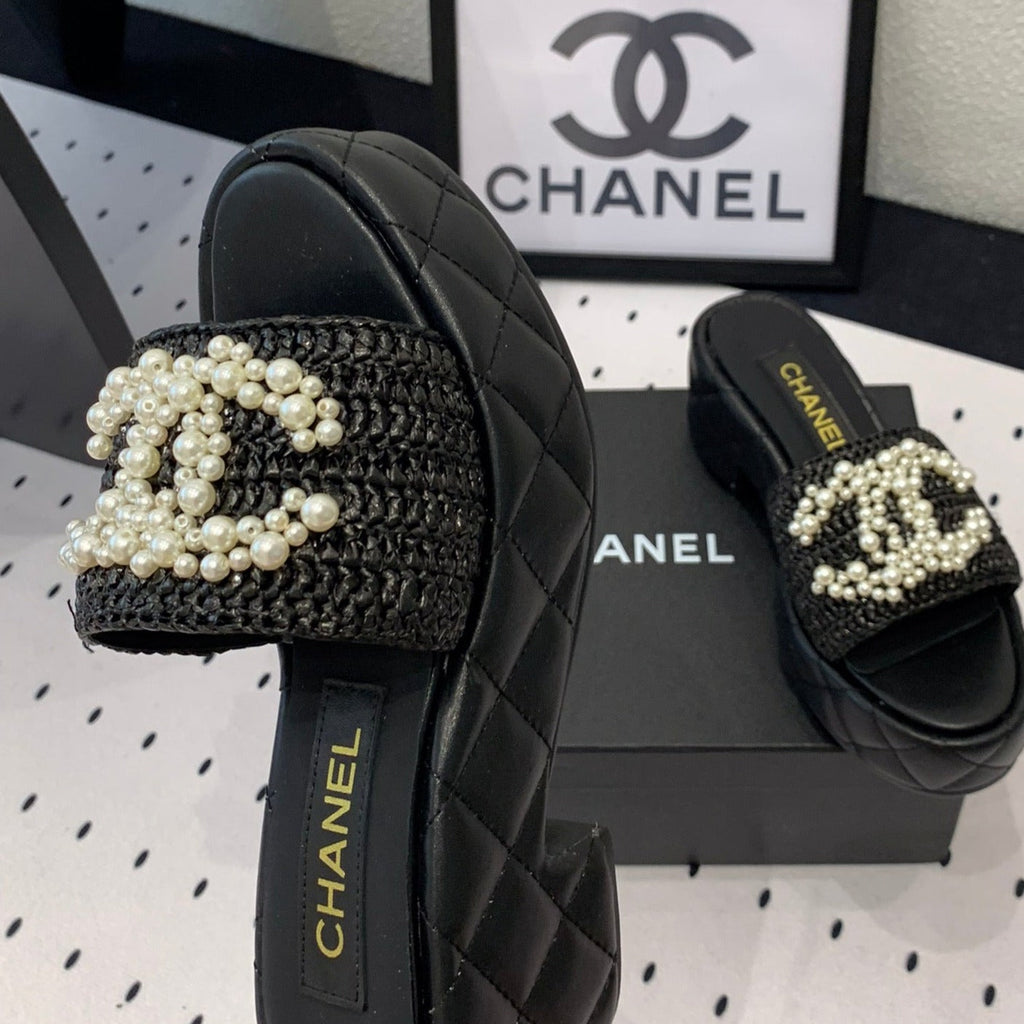 Chanel Double Pearl Platform Sandals Sheepskin Black