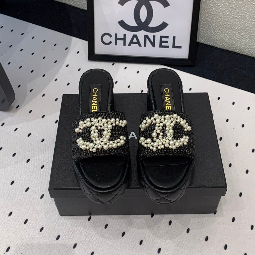 Chanel Double Pearl Platform Sandals Sheepskin Black