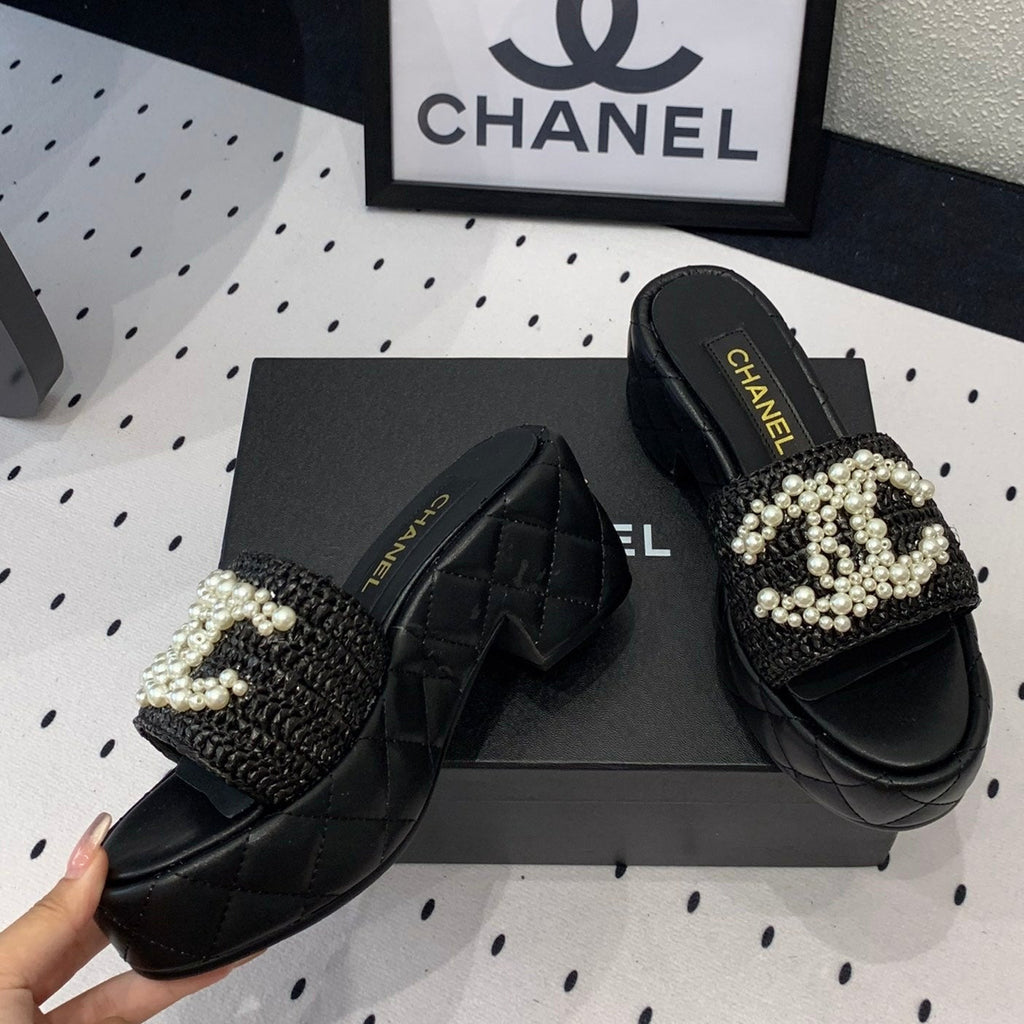 Chanel Double Pearl Platform Sandals Sheepskin Black