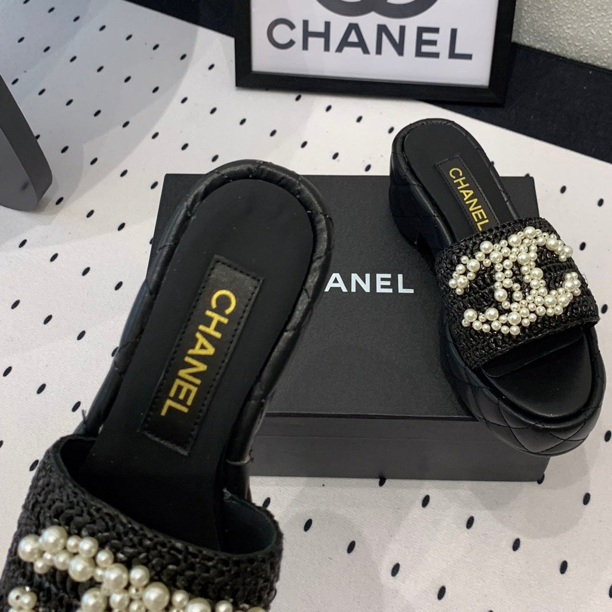 Chanel Double Pearl Platform Sandals Sheepskin Black