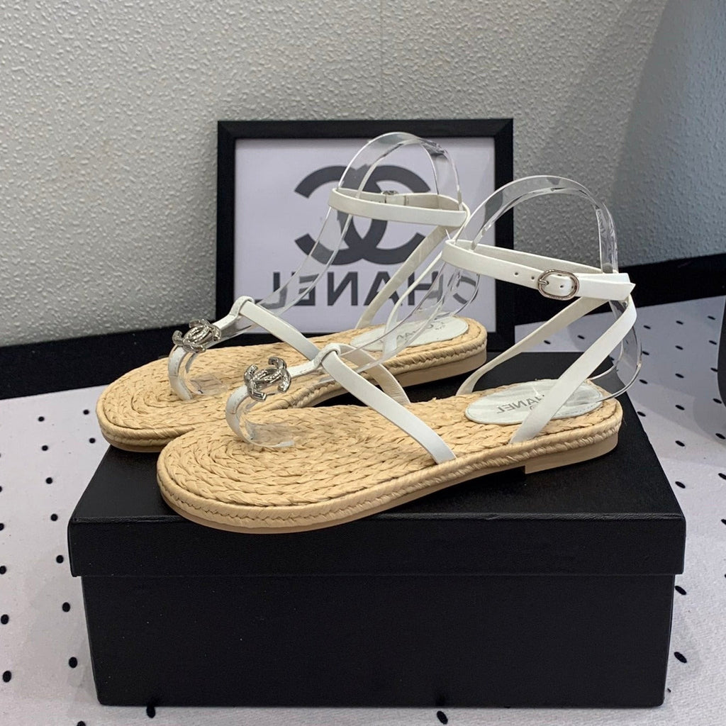 Chanel Double Vintage Straw Sandals Replica Designer Shoe White Beige Sheepskin