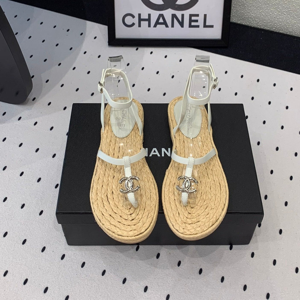 Chanel Double Vintage Straw Sandals Replica Designer Shoe White Beige Sheepskin