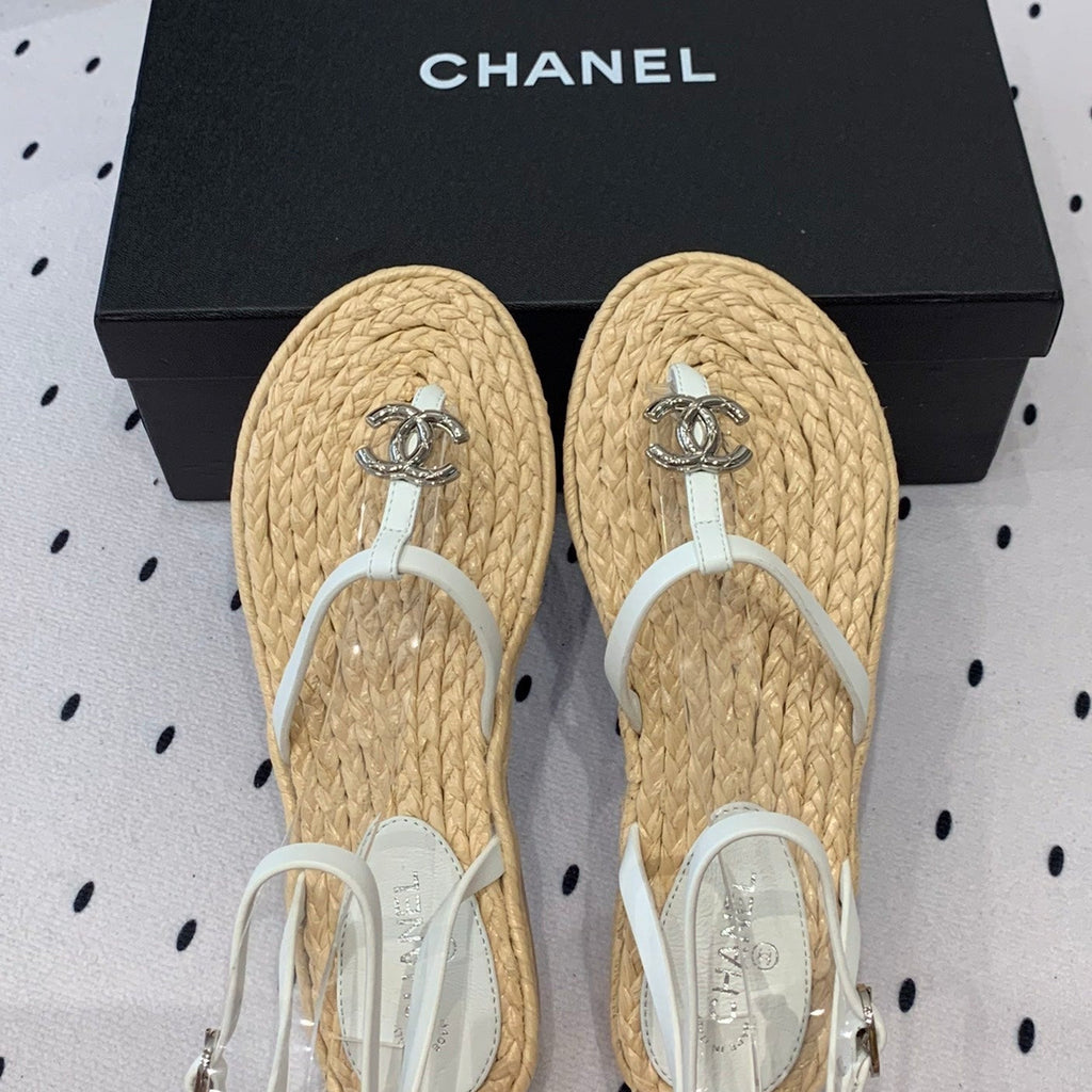 Chanel Double Vintage Straw Sandals Replica Designer Shoe White Beige Sheepskin