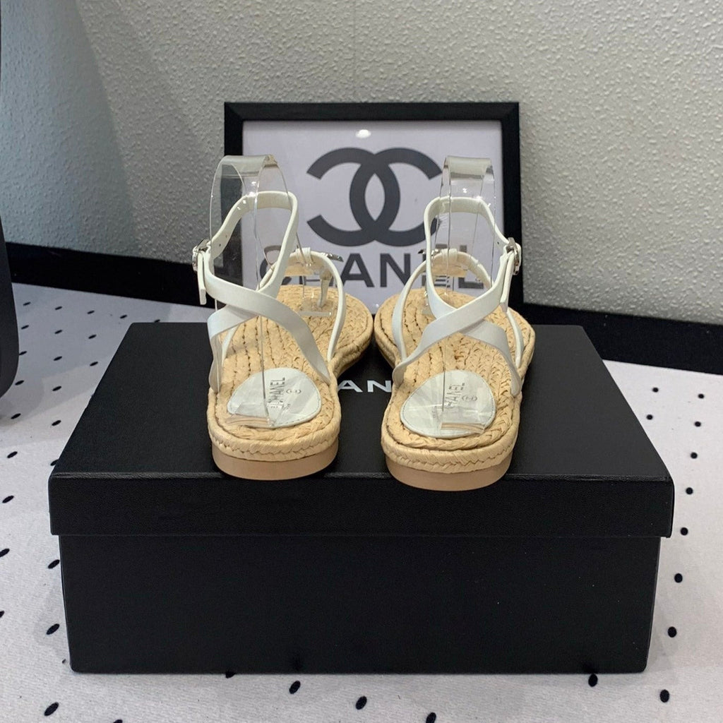 Chanel Double Vintage Straw Sandals Replica Designer Shoe White Beige Sheepskin