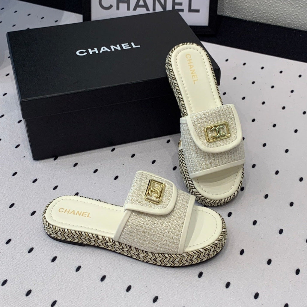 Chanel Double Women New Trendy Calfskin Slippers White