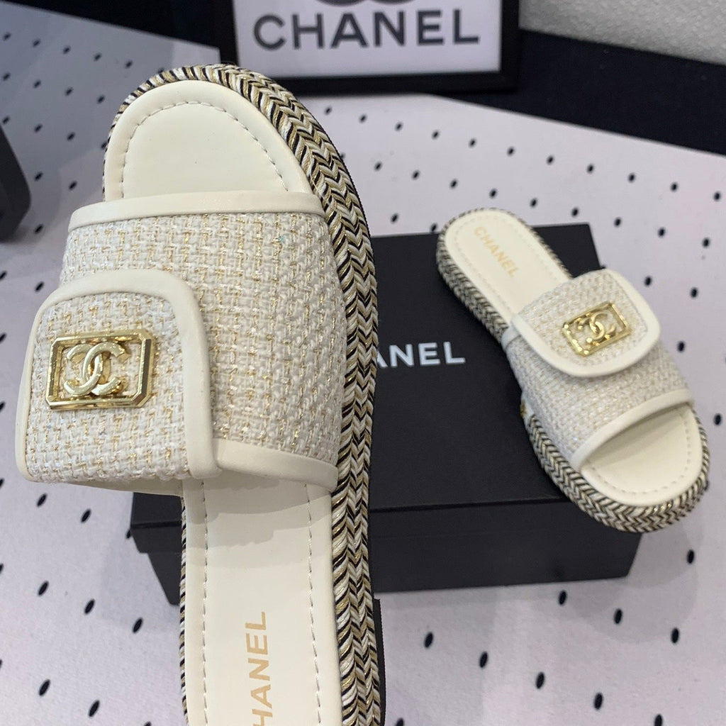 Chanel Double Women New Trendy Calfskin Slippers White