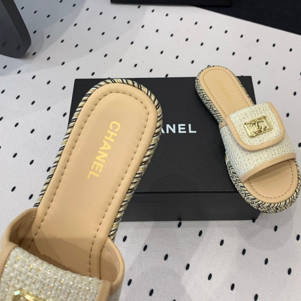 Chanel Double Women New Trendy Calfskin Slippers Beige Cream