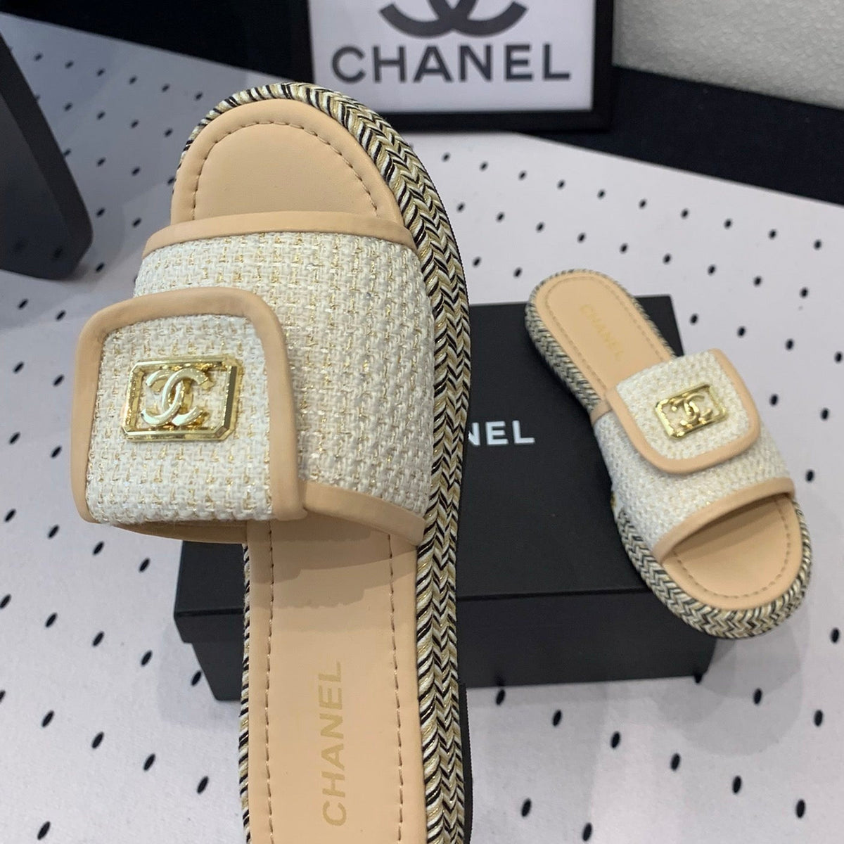 Chanel Double Women New Trendy Calfskin Slippers Beige Cream