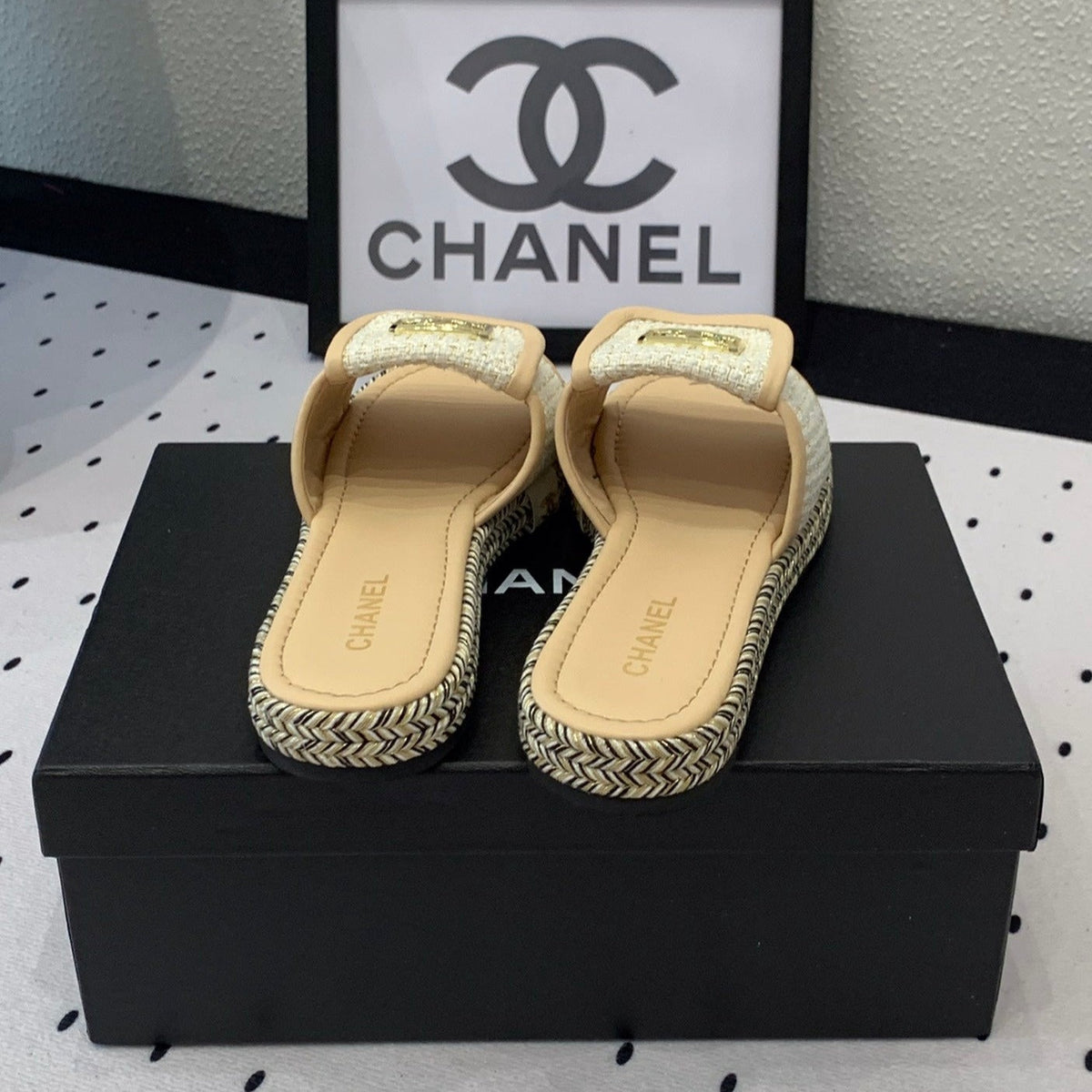 Chanel Double Women New Trendy Calfskin Slippers Beige Cream