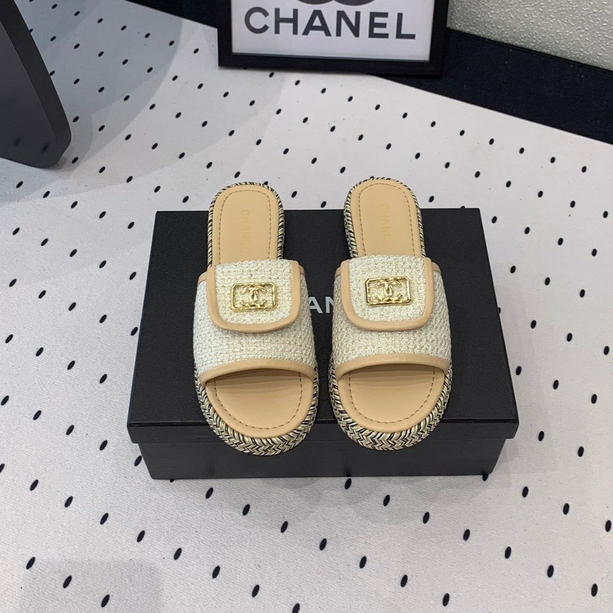 Chanel Double Women New Trendy Calfskin Slippers Beige Cream