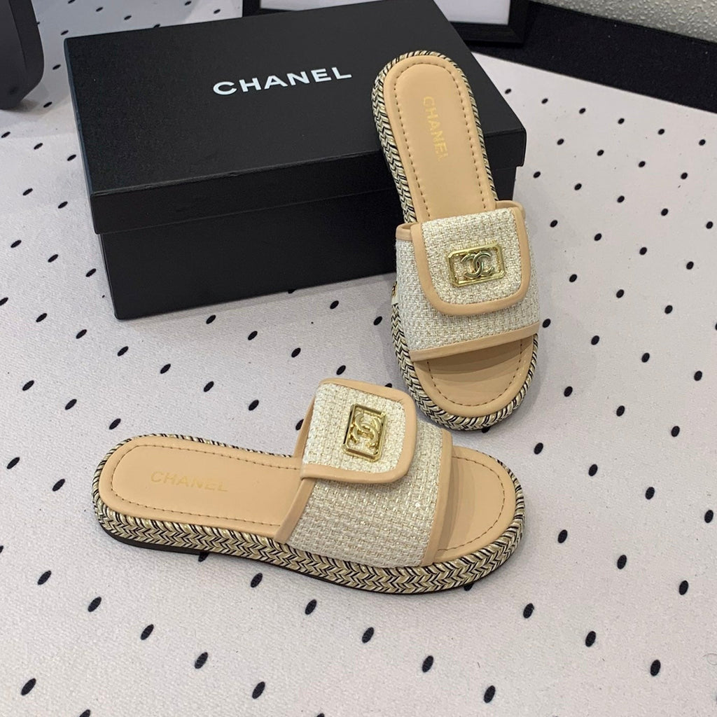 Chanel Double Women New Trendy Calfskin Slippers Beige Cream
