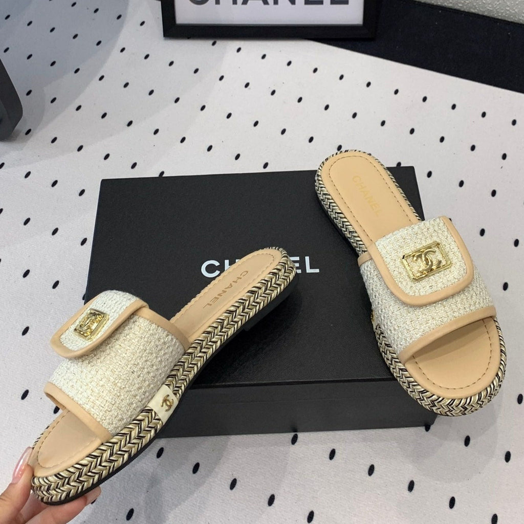 Chanel Double Women New Trendy Calfskin Slippers Beige Cream