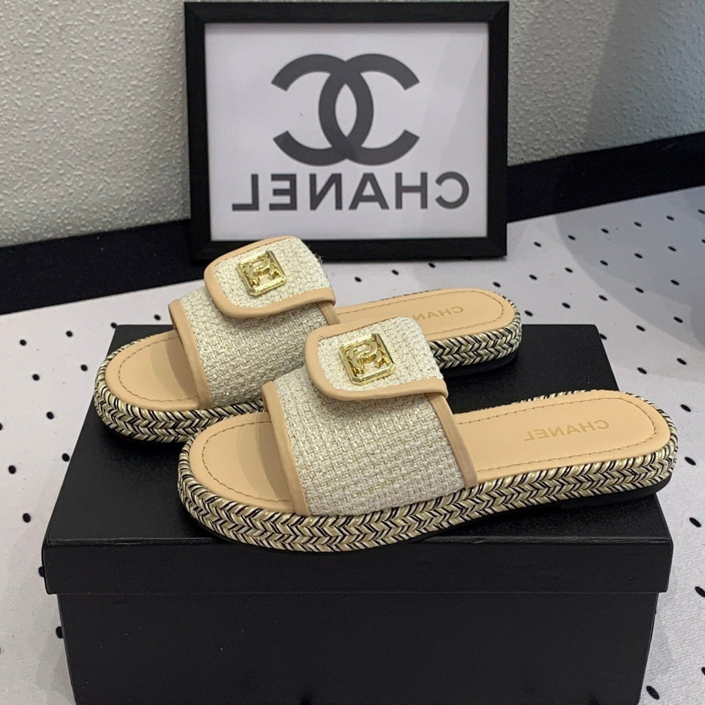 Chanel Double Women New Trendy Calfskin Slippers Beige Cream